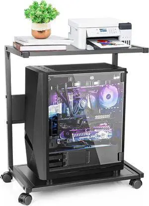 Computer Tower Stand, Iron PC Stand 2-Tier CPU Stand with Locking Caster Wheels Suitable for Most PC (Black, L)