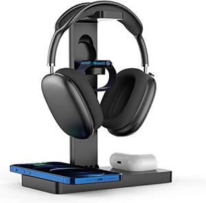 Headphone Stand Headset Holder with Wireless Charger, 4 in 1 Fast Wireless Charging Station for  Watch,Air Pods Pro/2, iPhone13/12/11/X, Earphone Hanger with 2 USB-C Ports for Desktop Gamer Room