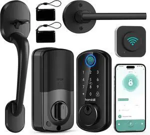 Smart WiFi Front Door Lock: Hornbill Keyless Entry Fingerprint Deadbolt with Handle Set Electronic Digital Keypad Door Locks APP Remote Control Alexa Auto Lock Black
