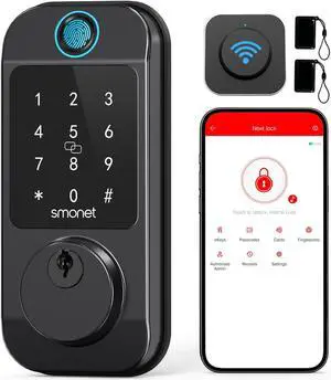 Smart Locks WiFi Deadbolt: SMONET Fingerprint Front Door Lock Keyless Entry with Keypad Electronic Digital Deadbolt Alexa Gateway Remote Control, Bluetooth APP KeyFob Code Auto-Lock for Home, Black