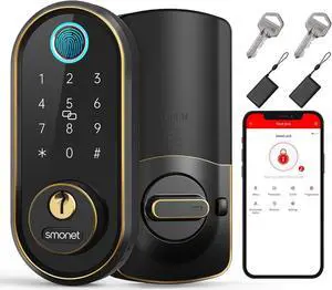 Smart Keyless Entry Door Lock - Fingerprint Electronic Deadbolt Touchscreen Keypad SMONET Biometric Digital Bluetooth Door Lock Smart Deadbolt Work with Alexa for Homes and Hotel