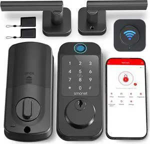 Door Lock with Handle Set - SMONET WiFi Fingerprint Smart Locks for Front Door, App Remote Control, Digital Bluetooth Keypad Deadbolt Lock Set with Alexa, Auto Lock, Code, Fobs for Home Black