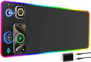 RGB Gaming Mouse Pad with Simultaneous Charging for Phone & iWatch, LED Mouse Mat 800x300x4MM, 14 Light Modes, Non-Slip Rubber Base, Computer Keyboard Mat for Gaming, 20W PD Adapter Included