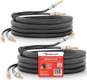 Excel Series 24k Gold Plated Banana Plug with (10 Feet) Speaker Cable Wire 99.9% Oxygen-Free Copper (OFC) Heavy Duty Braided in-Wall CL2 Rated - Black (12AWG / 10ft / 3.0m) 2-Pack