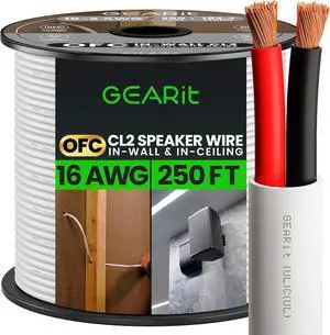 16/2 Speaker Wire (250 Feet) 16AWG Gauge - in Wall Audio Speaker Wire Cable / CL2 Rated / 2 Conductors - OFC Oxygen-Free Copper, White 250ft
