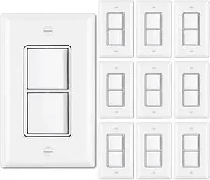 10 Pack Double Light Switch, Single Pole, Combination Decorator On/Off Interrupters, 15A 120V, Dual Paddle Rockers, Wallplate Included, UL Listed, White