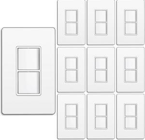 10 Pack Double Light Switch, On/Off Rocker Dual Wall switch, 15A 120V, Single Pole Combination Interrupter, Screwless Wallplate Included, UL Listed, White