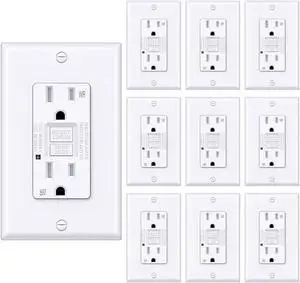 GFCI Outlet 15 Amp, Outdoor Weather Resistant GFI Receptacle, 15A Ground Fault Circuit Interrupter with LED Indicator, Decorator Wall Plate Included, ETL Certified, 10 Pack, White