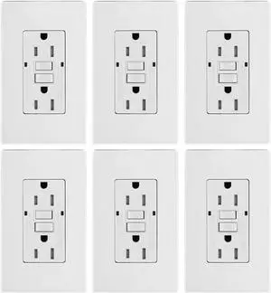 GFCI Outlet, Tamper-Resistant GFI Receptacle with LED Indicator, 15Amp 125Volt Self-Test Ground Fault Circuit Interrupter, Decorator Screwless Wall Plates Included, ETL Listed (6Pack, White)