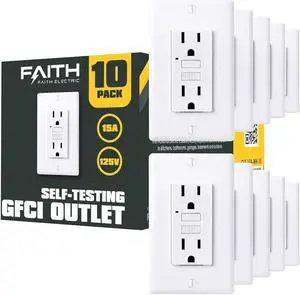 [10-Pack] 15A GFCI Outlets, Non-Tamper-Resistant GFI Duplex Receptacles with LED Indicator, Self-Test Ground Fault Circuit Interrupter with Wall Plate, ETL Listed, White, 10 Piece