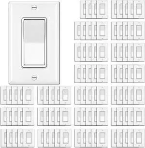 100 Pack Single Pole Decorator Wall Light Switch with Wall Plate, 15A 120/277V, On/Off Rocker Paddle Interrupter for LED and Other Lamps, UL Listed, White