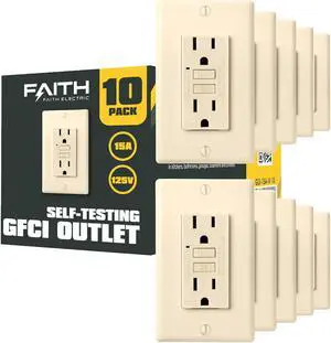 [10-Pack] 15A GFCI Outlets, Non-Tamper-Resistant GFI Duplex Receptacles with LED Indicator, Self-Test Ground Fault Circuit Interrupter with Wall Plate, ETL Listed, Ivory, 10 Piece