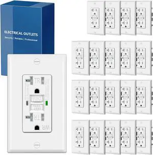 (20 Pack) UNIELE Self-Test 20 Amp WR GFCI Receptacle Outlet, Outdoor Weather-Resistant GFI, Ground Fault Circuit Interrupter, Wallplate Included, White