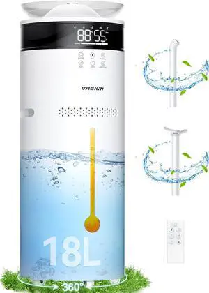 Humidifiers for Large Room, 18L Ultrasonic Cool Mist Humidifier for Home 2000 sq ft, 5 Mist Levels, Auto Mode, Whole House Humidifiers with 2 Extended Tube Quiet Humidifiers for Baby Home Plant