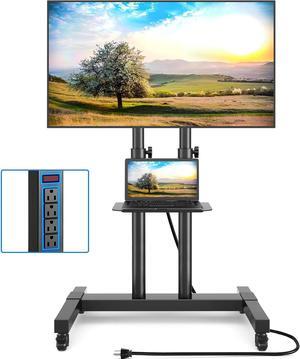 Upgraded Mobile TV Stand with Power Outlet for 32-85 Inch TVs, Heavy Duty Rolling TV Cart on Wheels up to 132 lbs, Height Adjustable Portable TV Stand with AV Shelf for Bedroom, Home, Office