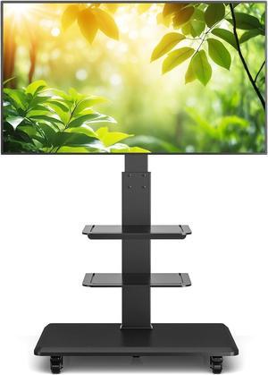 Rolling Floor TV Stand with Swivel Mount for 40-75 Inch Flat Screen/Curved TVs, 3-Shelf Heavy Duty Portable Mobile TV Cart with Wheels, Black Universal Tall TV Mount Trolley for Home and Office