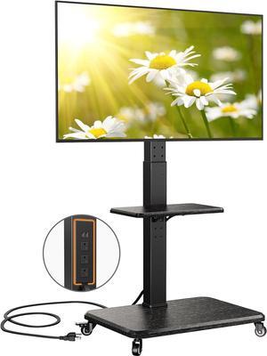 Mobile TV Stand with Power Outlet, Tilt & Swivel Rolling TV Cart for 32 to 65 70 75 inch TVs up to 110 lbs, Height Adjustable Rolling TV Stand with Wheels, Max VESA 600x400mm, PGTVMC17