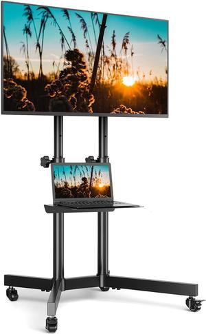 Mobile TV Cart with Wheels, 32-80 Inch TV Stand for LCD LED OLED Flat Curved Screens, Height Adjustable Rolling Floor TV Stand, Portable Outdoor TV Trolley with Laptop Shelf, Tall TV Stand