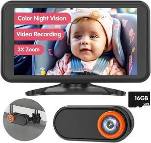 aby Car Camera Night Vision 5.2'' Car Camera for Baby with Video Recording Function TF Card 3X Zoom 1080P Car Baby Camera 360° Rotation for Rear Facing Seat Wired (BM3)