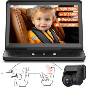 Baby Car Camera HD 1440P Recording, 5 Screen Baby Car Monitor with Full-Color Night Vision Camera, Infant Safety Baby Car Mirror Rear Facing for Backseat, Wide Clear View, Easy Installation