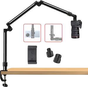 Overhead Camera Mount Desk Stand, Bearing 18lb, Base& Top 360° Adjustable, with 1/4 3/8" 5/8" Screw, 3-Section Flexible Articulating Metal Arm for DSLR Camera/Webcam