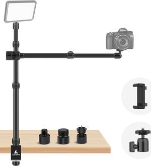 Overhead Camera Mount Table Stand, 3-Section Adjustable Desk Stand and 2 Section Telescopic Arm with 1/4 Screw&360° Ball Head, C-clamp Tabletop Mount for DSLR Camera/Webcam/Microphone/Lights