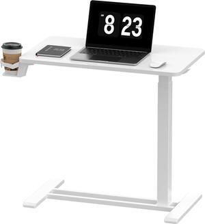 Medical Adjustable Overbed Bedside Table with Wheels Pneumatic Mobile Standing Desk Laptop Desk Rolling Computer Cart Movable Overbed Table Hospital Home Use(27.6" W x 15.7" D, White)