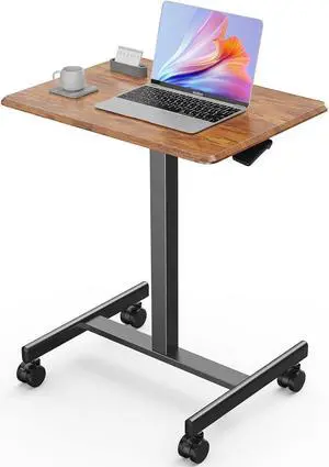 Mobile Small Stading Desk - Sit Stand Desk, Portable Rolling Laptop Desk with Lockable Wheels, Overbed Table with Wheels Adjustable Height, Computer Workstations, Brown
