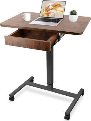 Mobile Laptop Standing Desk, Height Adjustable Teacher Podium with Lockable Wheels, Adjustable Work Table with Drawer, Computer Cart Overbed Table for Home Office Classroom, Brown