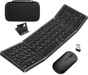 Foldable Keyboard and Mouse, EDJO Folding Wireless Keyboard Mouse Combo with Portable Case, Rechargeable 2.4G+Bluetooth Multi-Device Keyboard Mouse for Windows, iOS, Android, MacOS PC/Laptop/Tablet