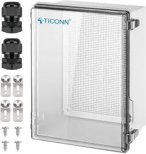 Waterproof Electrical Junction Box IP67 ABS Plastic Enclosure with Hinged Cover with Mounting Plate, Wall Brackets, Cable Glands (Clear, 15.7"x11.8"x7.1")