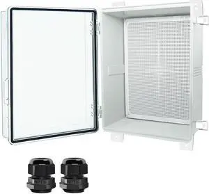 Hinged Clear Cover Stainless Steel Latch IP67 Waterproof ABS Project Box with 2 Cable Glands,Electrical Box Enclosure with Mounting Plate & Wall Bracket 19.7 x 15.7 x 7.9inch