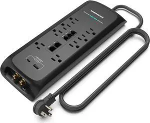 Black Heavy Duty Surge Protector Power Strip 6 ft Cord with 8 120V-Outlet Extension, 2 Ethernet Switch Ports, 4050J Rating, 1 USB-A, and 1 USB-C Charging Ports  Ideal for Computers and Office