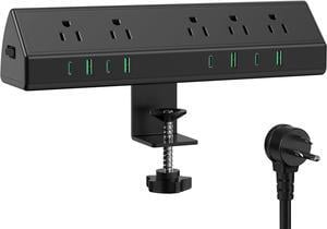 45W Fast Charging Station,Desk Clamp Power Strip,4 PD USB-C Ports,5 AC Outlets,Surge Protector Power Strip, 14AWG Heavy Duty Cord, Fits 1.9" Tabletop Edge (Black, 6 FT Cable)