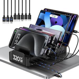 320W Charging Station for Multiple Devices, Zobirez 10-Port USB C Fast Charger Stations for MacBook, iPhone, Android Cell Phone, iPad, Tablet, Family Multi-Device Organizer Charging Dock, Black
