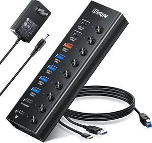 Powered USB Hub, intpw 9-Port USB 3.2/USB C Hub with 10Gbps USB-A 3.2,2 USB-C 3.2,4 USB 3.0 Ports,2 Fast Charging Port, Individual Switches, 48W Power Adapter, Aluminum USB Hub Powered for Laptop/PC