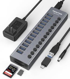 USB 3.0 Hub, Wenter 13 Ports Powered USB Hub with SD/TF Card Reader, Aluminum USB Splitter with Individual On/Off Switches, 12V/3A 36W Power Adapter for PC/Laptops