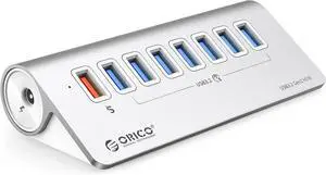 USB Hub 3.0 Powered 7 Ports Aluminum USB Hub Splitter [5Gbps] with 7 USB 3.0 Data Ports + 1 Fast Charging Ports 18W5V/3A;9V/2A;12V/1.5A, 12V 3A Power Adapter with 1.64Ft Cable