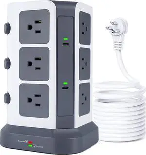 Power Strip Tower with 2 USB C - KOOSLA (1500J) Surge Protector with 12 Outlets& 5 USB(1875W/15A), 16.4 ft Extension Cord with Multiple Outlets, Office Desk Supplies, Dorm Room Essentials, Gray