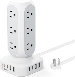 65W Fast Charging Station, Flat Plug Power Strip Tower with 12 AC Outlets & 8 USB Ports (2 PD USB-C Ports), 10FT Extension Cord, Compatible for MacBook Pro, iPhone Series.