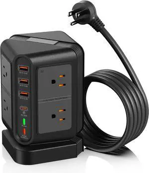 Multi Outlets Tower Power Strips with 6.5Ft Extension Cord,Surge Protection Tower for Tabletop Charging Station,8 AC/4 USB Ports(1x PD20 W USB-C),1875W/15A Power Supplies for Home Office Dorm (Black)