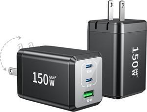 2 Pack USB C Fast Charger 150W Compact Foldable 3 Port Charging Station Hub Brick Block PD PPS 65W Laptop Charger for iPhone 16 16Pro Max MacBook Pro/Air/iPad Pro/Galaxy S24/Note 22/ XPS