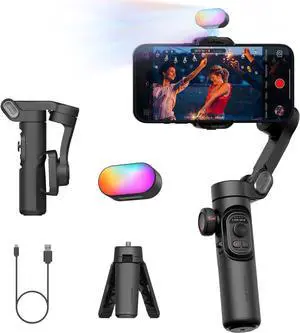 3-Axis Gimbal Stabilizer for Smartphone, Gimbal w/RGB Magnetic Fill Light Upgraded Face Tracking Focus Wheel Foldable iPhone Gimbal for iPhone/Android Phone Gimbal Vlog Recording Smart XE Kit