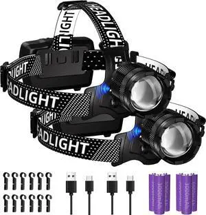 100,000LM Rechargeable LED Headlamp 40H Long Battery Life, Super Bright Sensor Head Lamp with 3 Lighting Modes, Zoomable, Power Display, IP67 Waterproof for Camping Hunting Hiking 2PCS