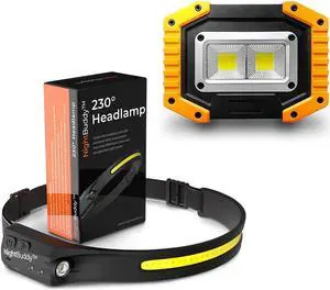 Original LED Headlamp Rechargeable Flashlight Adults Camping Essentials Backpacking Lights 4X Brighter Headband Lamp 5 Light Modes Hiking Gear Must Haves (Headlamp + Floodlight)