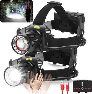 Rechargeable Headlamp, 150000LM Bright LED Head Lamp with Motion Sensor, 7 Modes, Waterproof, 45° Adjustable Angle, Zoomable, Battery Powered Headlamps for Camping, Hiking, Fishing (2 Pack)