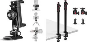 Metal Phone Tripod Mount Adapter with Arca QR Base, Cold Shoe, 360° Swivel 180° Tilt, Phone Holder Compatible with iPhone 15 Pro Max Galaxy S24, 2PCS Extendable Camera Desk Mount Included