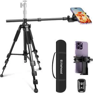 Newest Ultra-Stable Overhead Tripod for iPhone  Heavy Duty Aluminum Tripod & 25in Horizontal Long Phone Arm, Tall Phone Stand Mount for Recording, 360°Adjustable iPhone Tripod Stand
