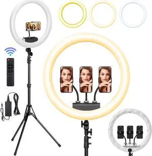 Ring Light with Stand, 19in LED Selfie Circle Light, Max 8ft/2.5m Tripod Stand, 3 Holders for iPhone, Remote Control, 6300K Color Temperature for Live Streaming, Barber, Makeup, YouTube, Tiktok