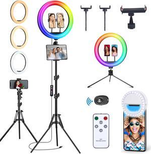 Selfie Ring Light with 76" Stand and 3 Phone Holder, 53 Lighting Modes, iPad Holder, Remote, Desk Tripod, RGB Ringlight for iPhone. Vlogging Circle Led Halo Light Photo Video Kit